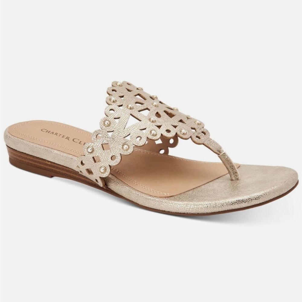 Charter Club Metallic Gold Laser-Cut Thong Sandals